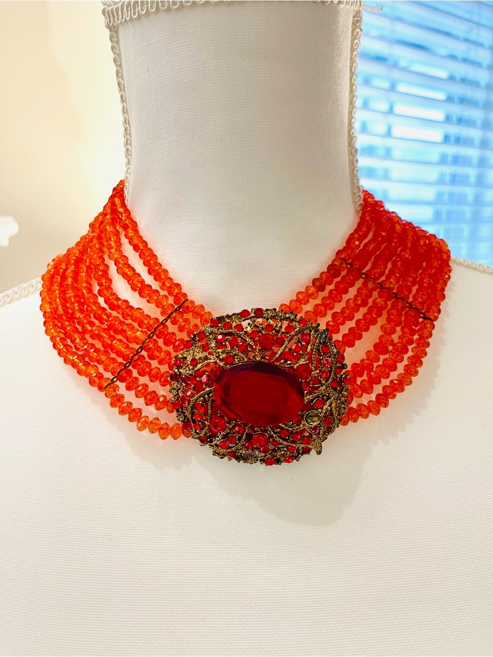 Red Multi-Strand Beaded Necklace with Ornate Centerpiece - Women Jewelry